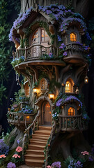 Obraz premium A fairy house that is both elegant and whimsical. The house is built into a giant tree, with winding staircases and hidden rooms