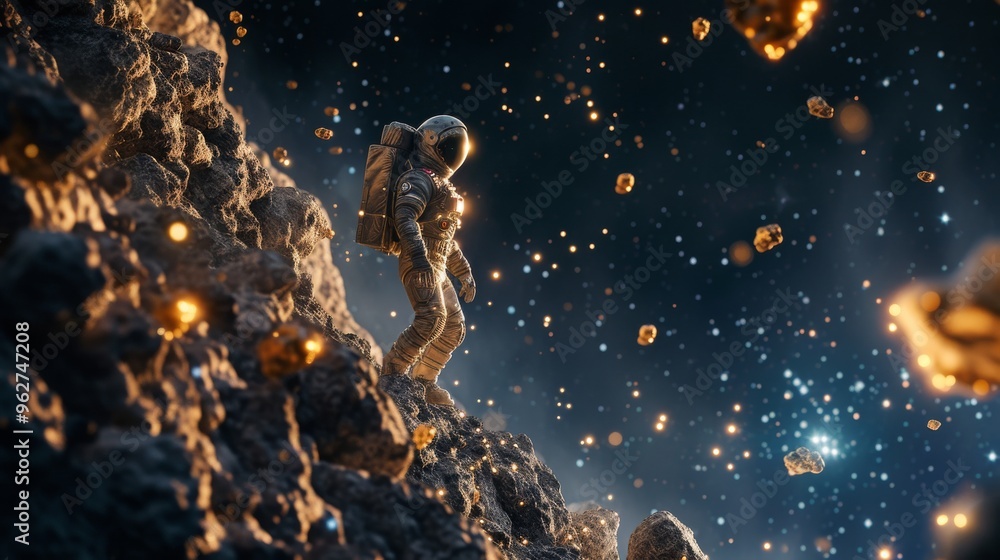 Poster an astronaut stands on a rocky asteroid surface surrounded by floating pieces of gold, signifying th