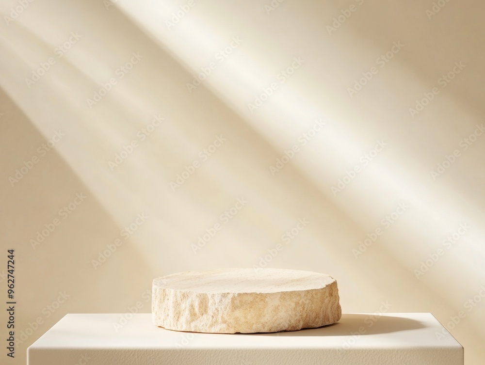 Aufkleber minimalist mockup of textured wooden podium on cream background with soft diffused natural lighting 