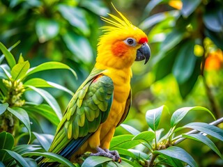 A crested parrot rests on a twisted branch, its vibrant yellow plumage aglow with sunlight, nestled among lush