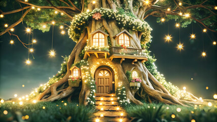 Fototapeta premium A fairy house that is both elegant and whimsical. The house is built into a giant tree, with winding staircases and hidden rooms