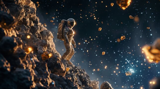 An astronaut stands on a rocky asteroid surface surrounded by floating pieces of gold, signifying the potential of space mining and the discovery of valuable resources in outer space.