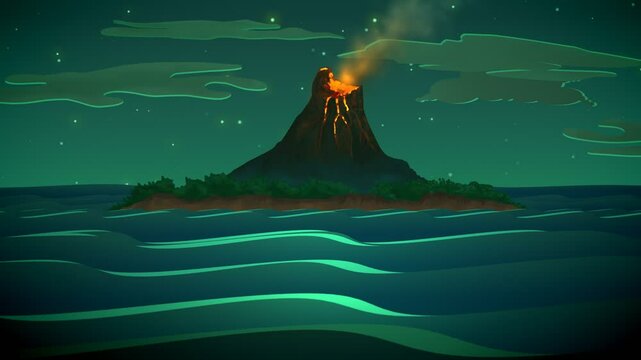 The Active Volcano Mountain On The Lonely Island In The Middle Of The Ocean The Active Volcano Mountain On The Island In The Middle Of The Ocean Hot Glowing Lava And Smoke Annunciate The Natural Disas