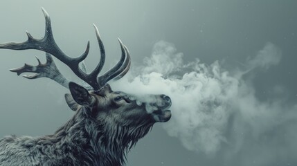 Majestic elk exhaling misty breath in the cold air. The steam and cool tones create a dramatic and serene scene, ideal for wildlife and winter-themed images.
