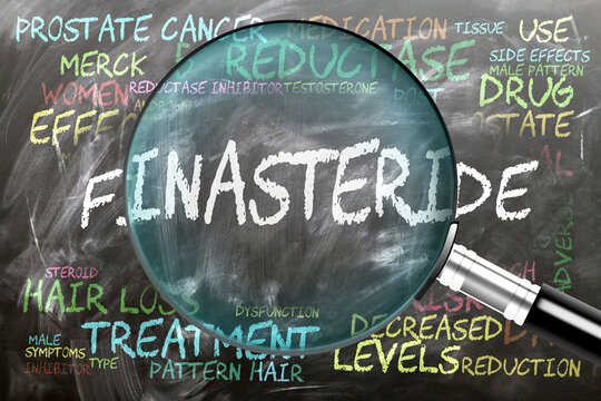 Finasteride being studied, examined - under close inspection. Most important subjects and ideas closely related to finasteride written on a blackboard inspected by a magnifying glass. ,3d illustration