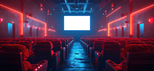 Empty movie theater with red seats and a blank screen. Neon lights illuminate the room, creating a futuristic atmosphere.