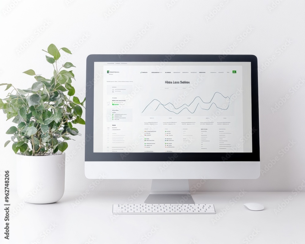 Poster Professional Financial Loss Reporting Website Mockup on Desktop Display with Graphs and Charts, Daytime Home Office Setting