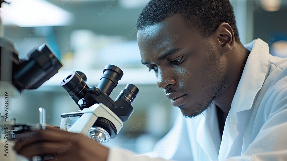 Poster a focused scientist examines samples under a microscope in a laboratory setting.