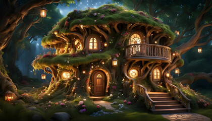 Obraz premium A fairy house that is both elegant and whimsical. The house is built into a giant tree, with winding staircases and hidden rooms