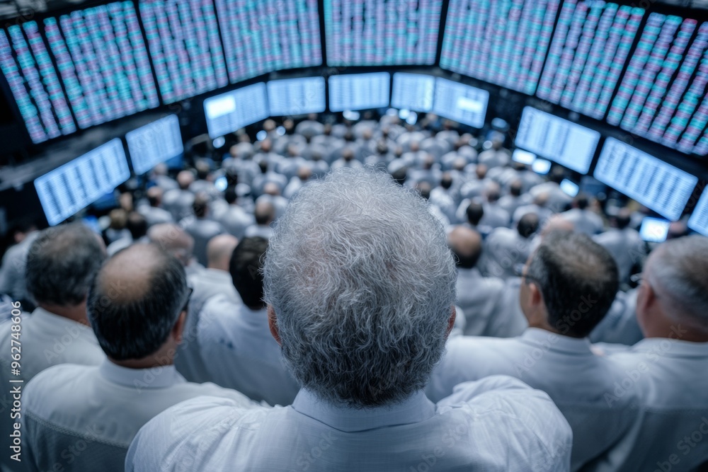 Poster economic crisis diverse stock traders in mid-day chaos on trading floor with falling stock prices di