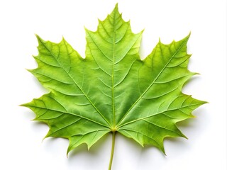 A lively green maple leaf with five delicate lobes floats on a crisp white canvas, its veins and edges lustrous with gentle sheen, embodying growth and rebirth.