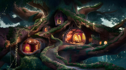 Naklejka premium A fairy house that is both elegant and whimsical. The house is built into a giant tree, with winding staircases and hidden rooms