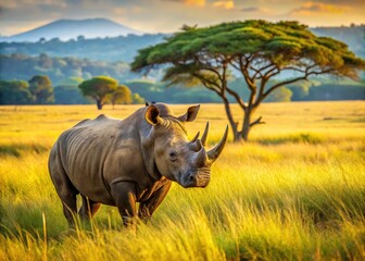 Obraz premium A majestic African rhino stands proudly in a lush savannah, its distinctive curved horn glistening in the warm sunlight, surrounded by tall grasses and acacia trees.