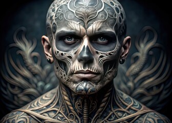 A macabre masterpiece: a skeletal head adorned with intricate designs, rendered in shades of grey and subtle color accents, exuding beauty and unease.