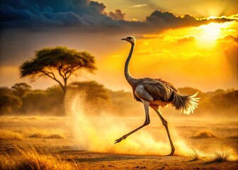 A majestic bird struts across the sun-kissed savannah, its long neck reaching out like a sword, powerful legs pounding the earth with steady rhythm.