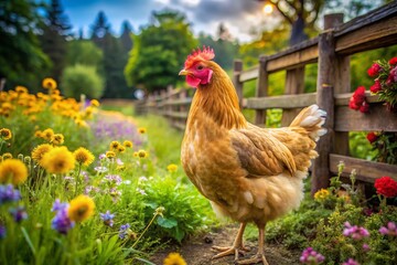 A fluffy pullet chicken proudly stands in a serene farmyard amid lush greenery and vibrant wildflowers, bounded by