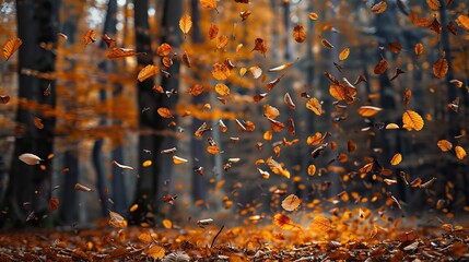 Falling Leaves in Autumn Forest