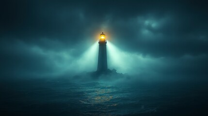 A lone lighthouse shines its light through the fog, illuminating the stormy sea.