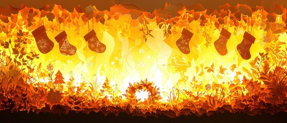 A festive fireplace scene with bright flames, colorful stockings, and autumn leaves, perfect for holiday decorations.