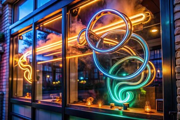 Vibrant neon sign with curved glass tubes and a wispy smoke design above a dimly lit storefront, enticing passersby with a cozy, laid-back atmosphere.