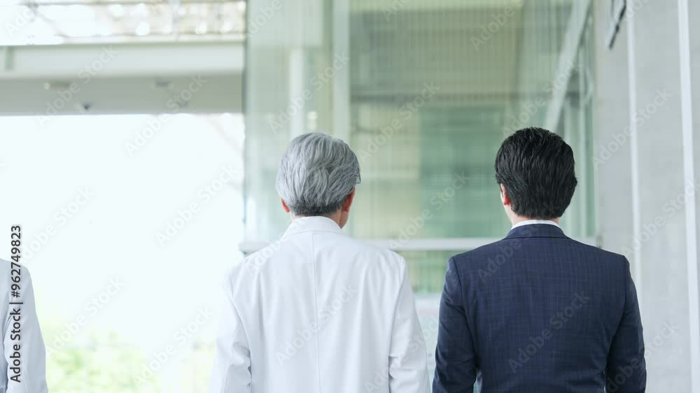 Poster ロビーを歩くビジネスマンと白衣の医師・研究者
