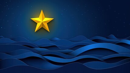 Obraz premium A vibrant golden star shining over tranquil blue waves, set against a deep night sky, evoking peace and inspiration.