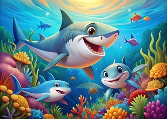 A playful shark family swims in a vibrant sea of seaweed and coral, featuring momma, papa, and little ones.