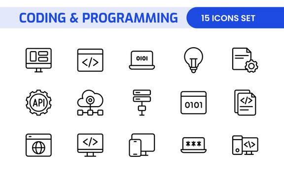 Programming coding set of web icons in line style. Software development icons for web and mobile app. Code, api, programmer, developer, information technology, coder and more.