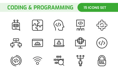 Programming coding set of web icons in line style. Software development icons for web and mobile app. Code, api, programmer, developer, information technology, coder and more.