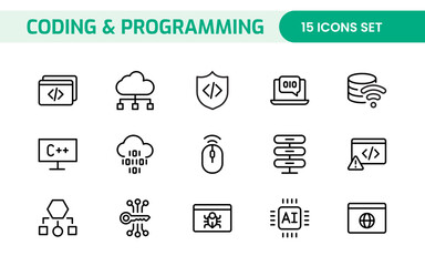 Programming coding set of web icons in line style. Software development icons for web and mobile app. Code, api, programmer, developer, information technology, coder and more.