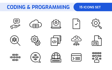 Programming coding set of web icons in line style. Software development icons for web and mobile app. Code, api, programmer, developer, information technology, coder and more.