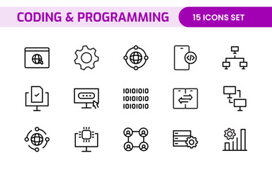 Programming coding set of web icons in line style. Software development icons for web and mobile app. Code, api, programmer, developer, information technology, coder and more.