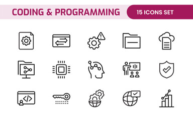 Programming coding set of web icons in line style. Software development icons for web and mobile app. Code, api, programmer, developer, information technology, coder and more.