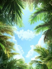 Fototapeta premium frame formed from a group of palm trees on a bright sky background, design for posters, banners, advertising, cards
