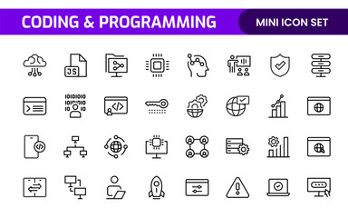 Programming coding set of web icons in line style. Software development icons for web and mobile app. Code, api, programmer, developer, information technology, coder and more.
