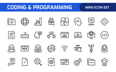 Programming coding set of web icons in line style. Software development icons for web and mobile app. Code, api, programmer, developer, information technology, coder and more.