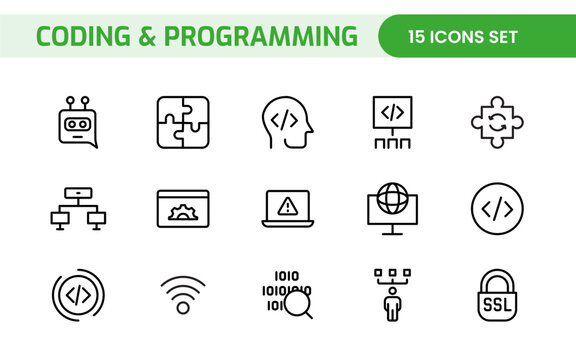 Programming coding set of web icons in line style. Software development icons for web and mobile app. Code, api, programmer, developer, information technology, coder and more.