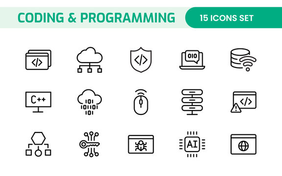 Programming coding set of web icons in line style. Software development icons for web and mobile app. Code, api, programmer, developer, information technology, coder and more.