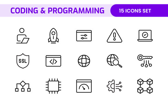 Programming coding set of web icons in line style. Software development icons for web and mobile app. Code, api, programmer, developer, information technology, coder and more.