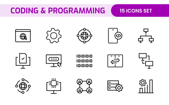 Programming coding set of web icons in line style. Software development icons for web and mobile app. Code, api, programmer, developer, information technology, coder and more.