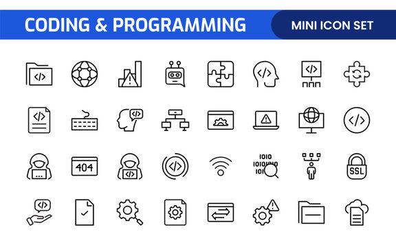 Programming coding set of web icons in line style. Software development icons for web and mobile app. Code, api, programmer, developer, information technology, coder and more.