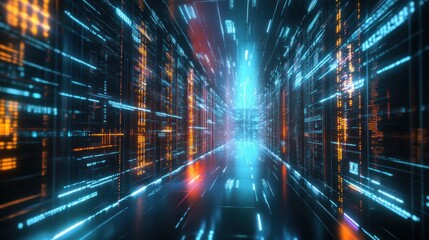 A futuristic digital corridor with glowing lines and data streams.