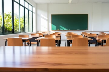 School empty classroom or lecture room interior with desks chair iron wooden whiteboard for studying lessons of secondary education in high school