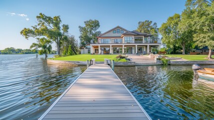 A scenic view of a lakeside house with a dock and lush greenery.