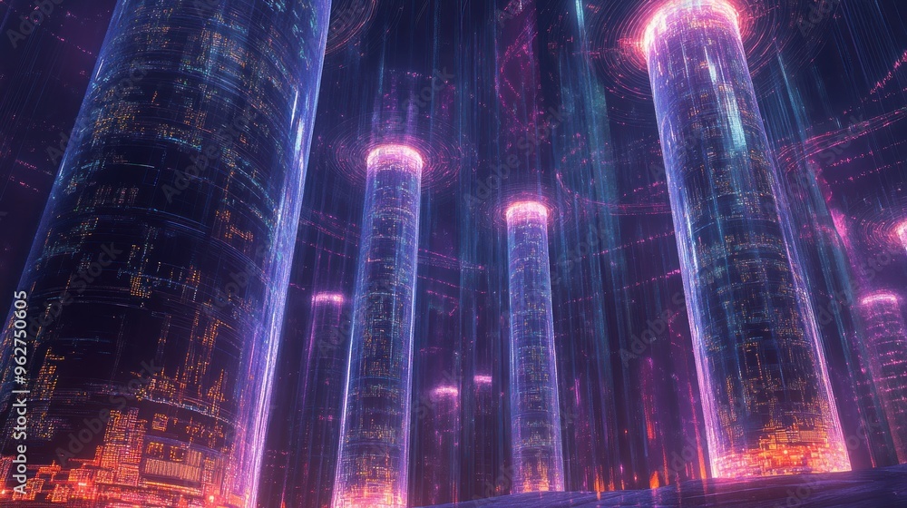 Poster a futuristic digital environment with towering pillars emitting light and data streams.