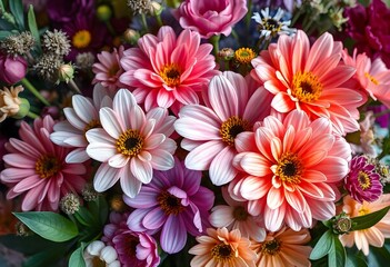 Vibrant bouquet of assorted flowers including daisies, asters, and zinnias in a colorful arrangement at a local flower shop