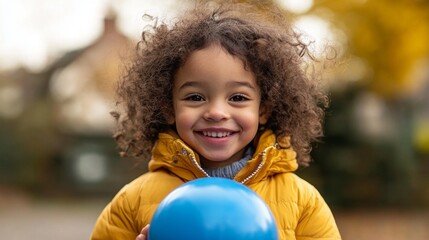 Fototapeta premium A joyful child with curly hair smiles brightly. Wearing a cozy yellow jacket, she holds a blue ball. The image captures happiness, playfulness, and a warm autumn day. AI