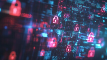 Cybersecurity, Data Protection, and Digital Security: Abstract Illustration of Padlocks on a Digital Network