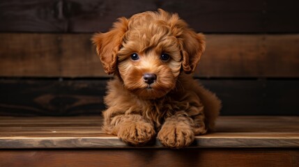 Adorable poodle puppy having fun while posing in a well lit and vibrant studio environment