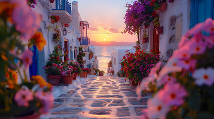 Cobblestone Street in a Mediterranean Village at Sunset, Photo